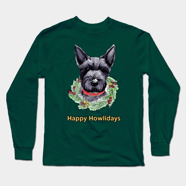 Happy Howlidays Scottish Terrier Wreath Long Sleeve T-Shirt by ZogDog Pro